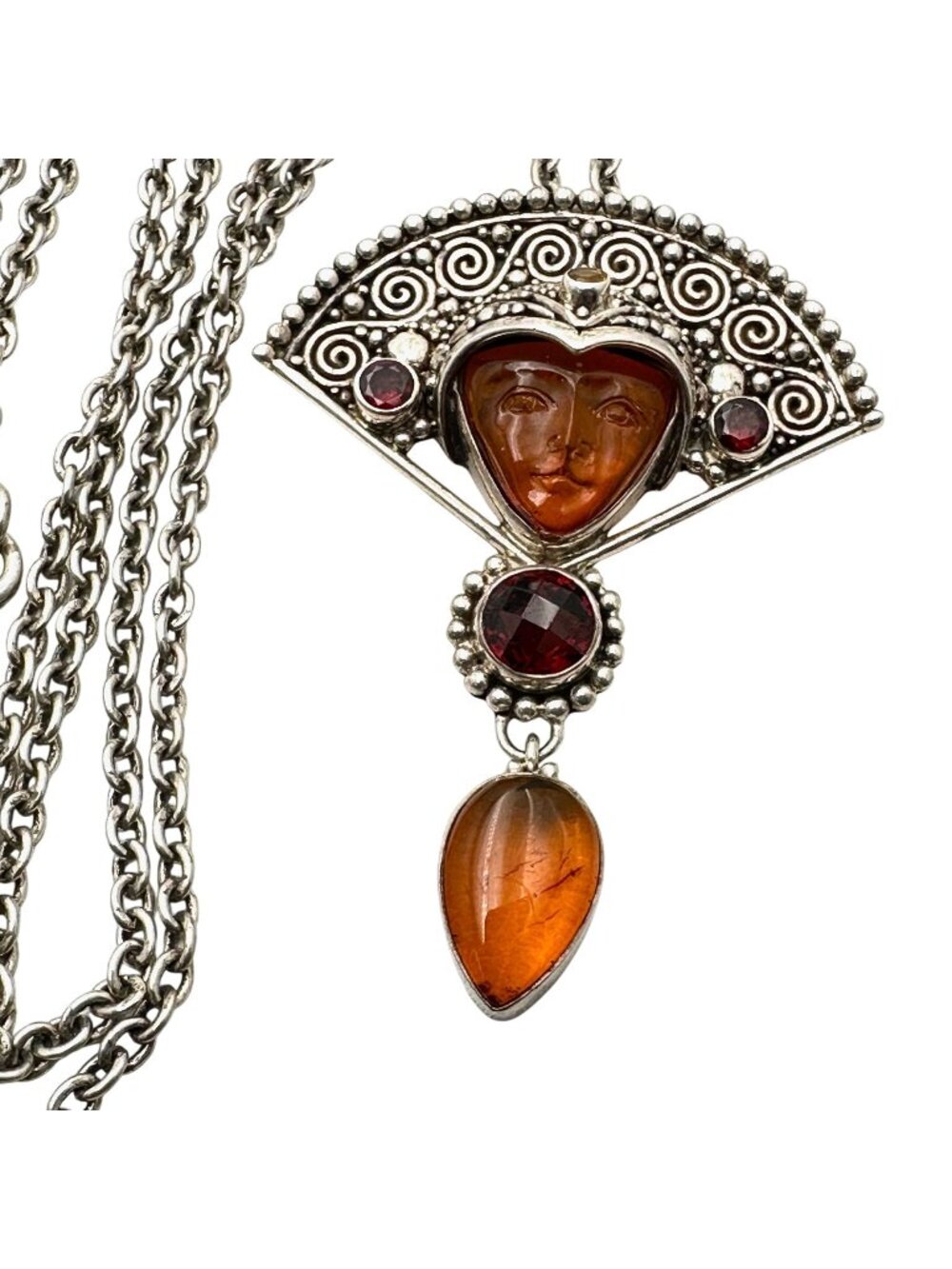 Sajen Amber & Garnet Sterling Silver Goddess Pendant Necklace 31 Grams